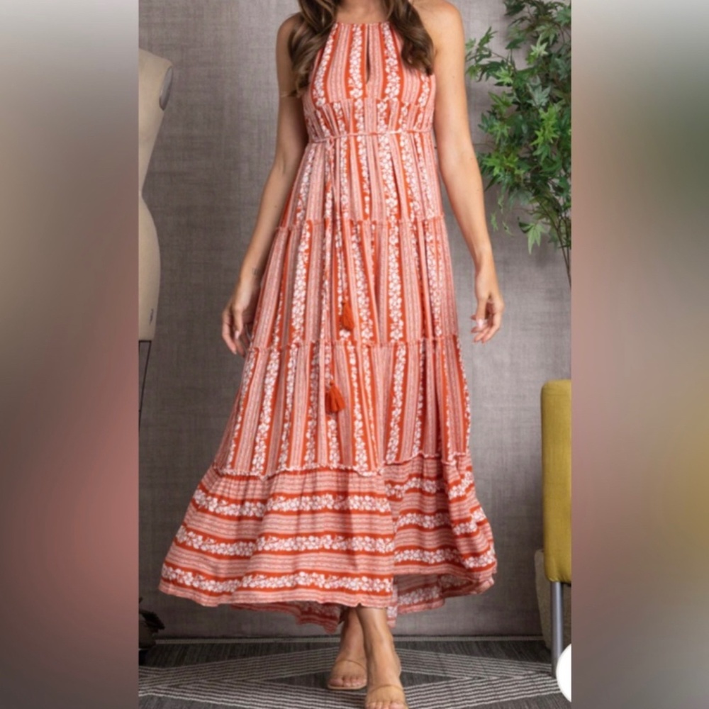 NWT Womens Rust Tasseled  Floral Drawstring Halter Neck Maxi Dres